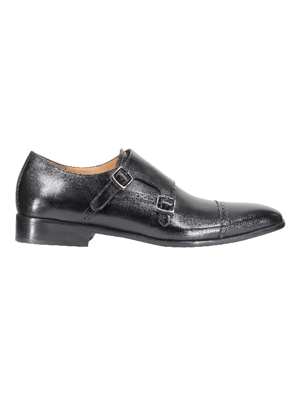 BLACK CALF LEATHER SEMI BROGUE MONK SHOES