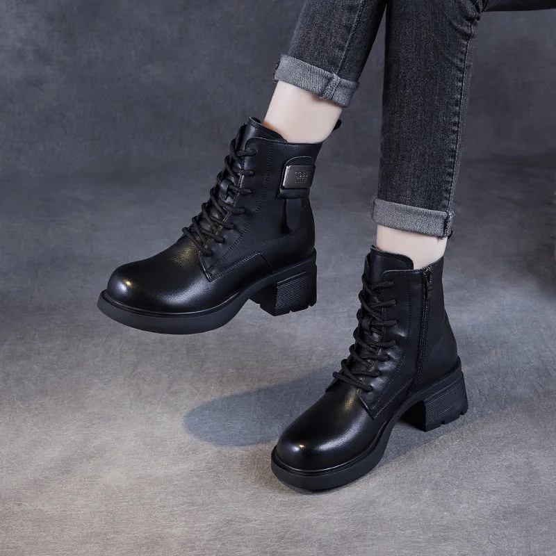 Women Retro Solid Leather Low Block Ankle Boots