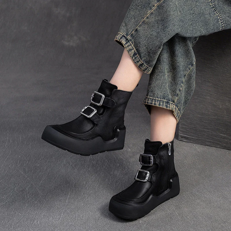 Women Retro Solid Leather Buckle Platform Boots