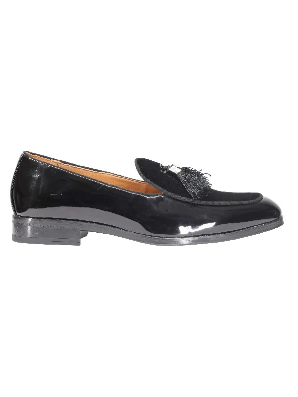 BLACK SHINY FAUX LEATHER TASSEL LOAFERS