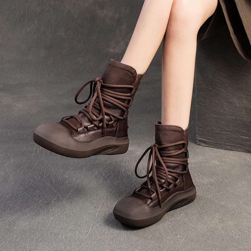 Women Vintage Lacing Back Zipper Leather Boots