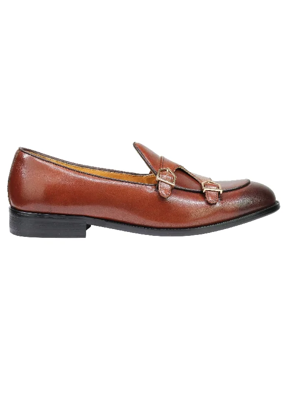 Real Leather Double Monk Retro Loafers Brown