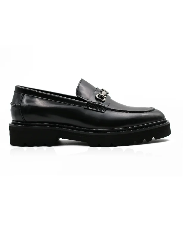 SNAFFLE BIT LUG SOLE BLACK POLISHED LEATHER LOAFERS