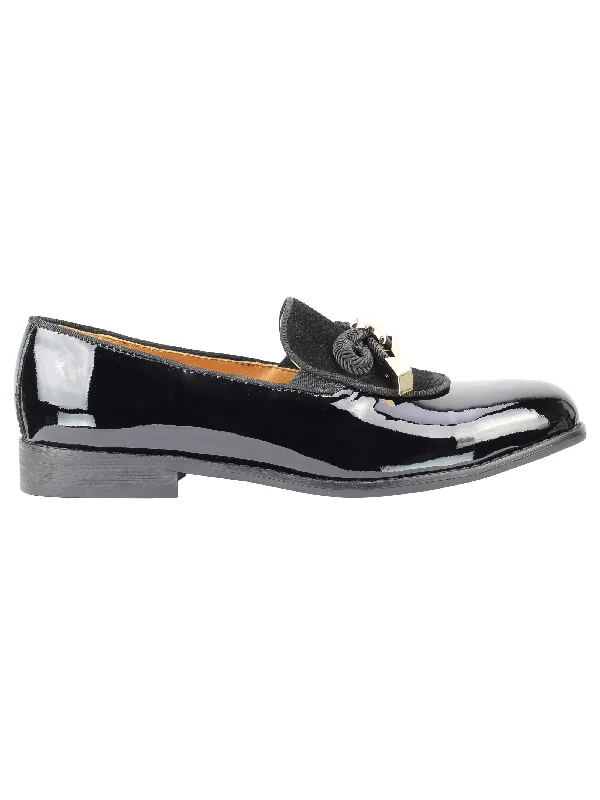 Mens Black Patent Real Leather Glossy Rope Bow Tie Metal Trim Loafers Wedding Party Shoes