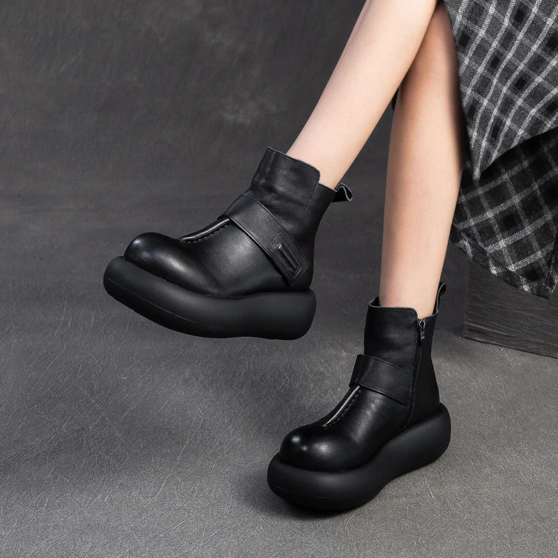 Women Vintage Solid Leather Casual Platform Boots