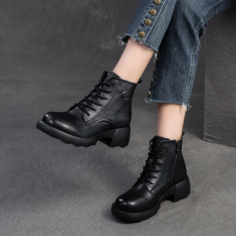 Women Retro Leather Low Block Ankle Boots