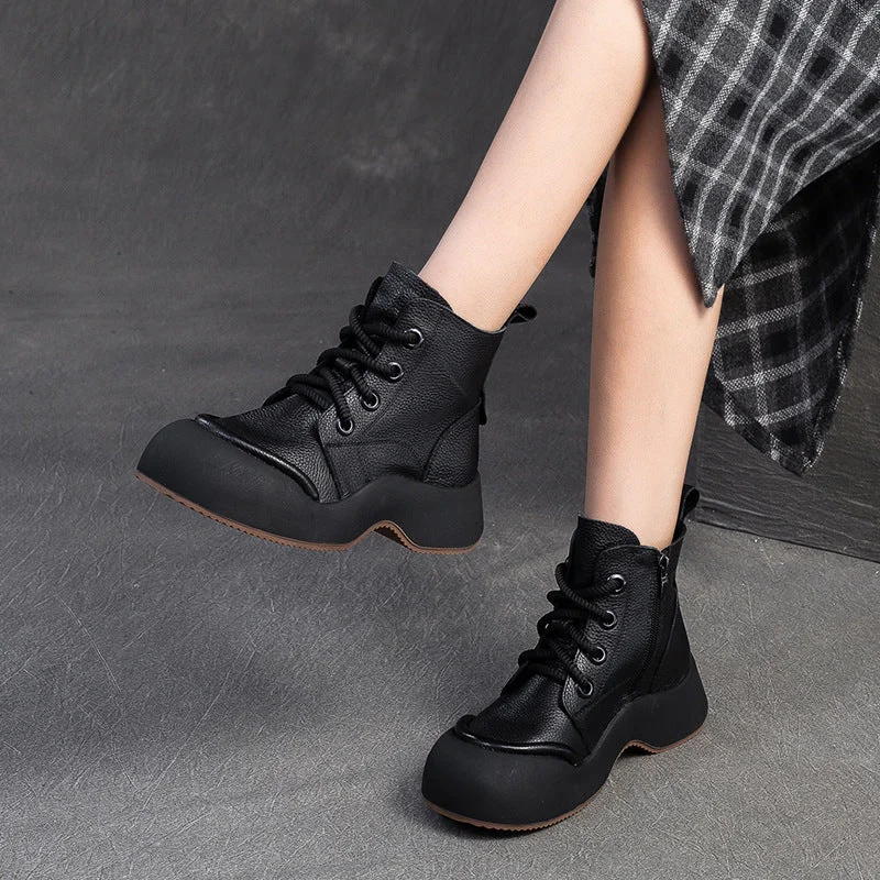 Women Solid Soft Leather Casual Thick Soled Boots