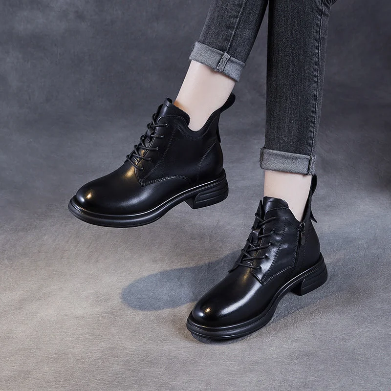 Women Retro Solid Leather Low Block Ankle Boots