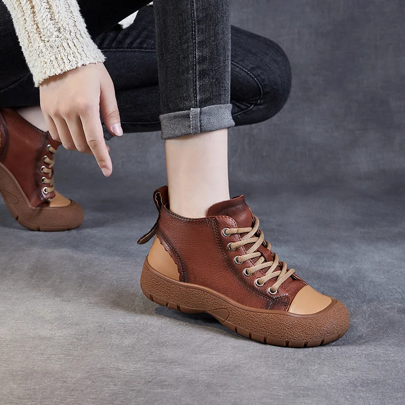 Women Retro Color Matching Leather Casual Ankle Boots