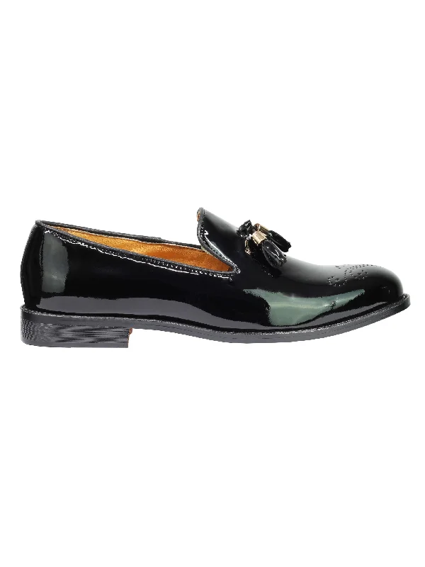 Real Leather Black Patent Tassel Loafers