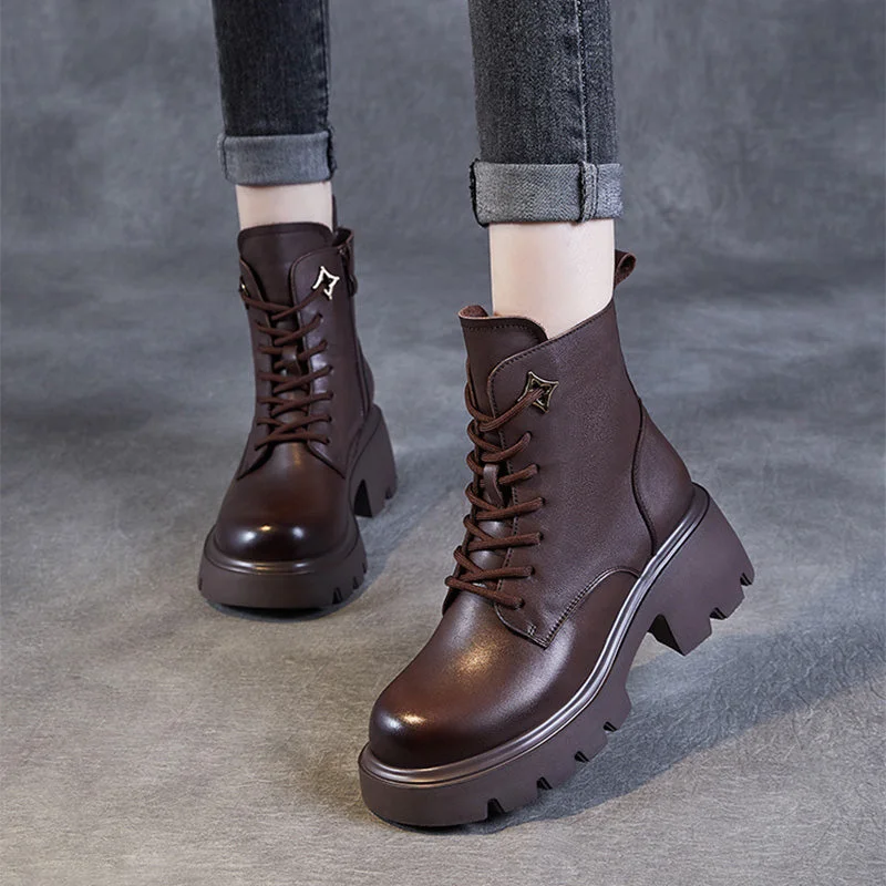 Women Vintage Minimalism Leather Platform Boots