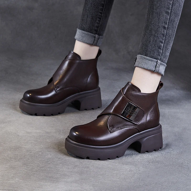 Women Retro Velcro Tape Leather Platform Ankle Boots