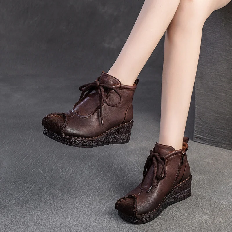 Women Retro Solid Leather Wedge Soft Ankle Boots