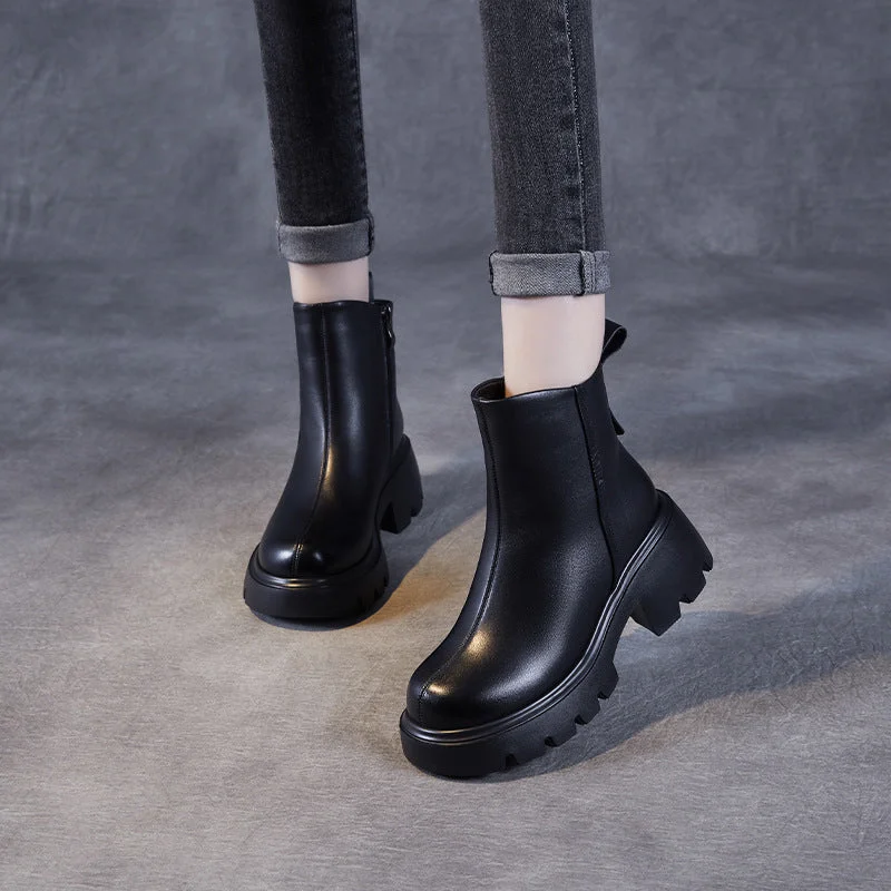 Women Solid Leather Vintage Platform Ankle Boots