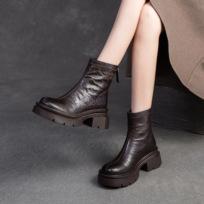 Women Vintage Pleated Leather Block Ankle Boots