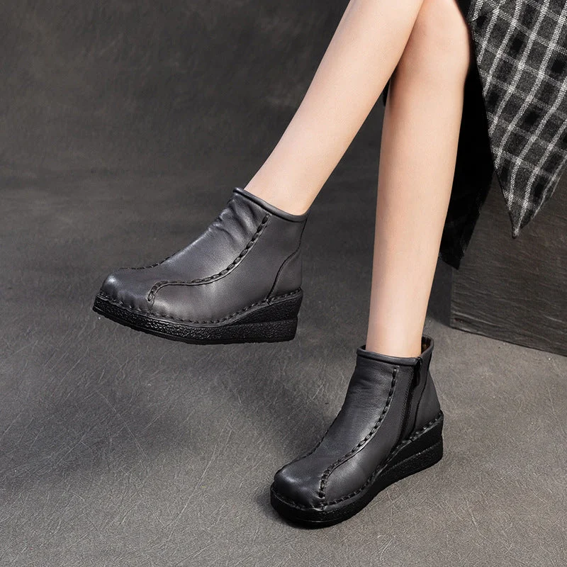 Women Retro Solid Leather Wedge Ankle Boots