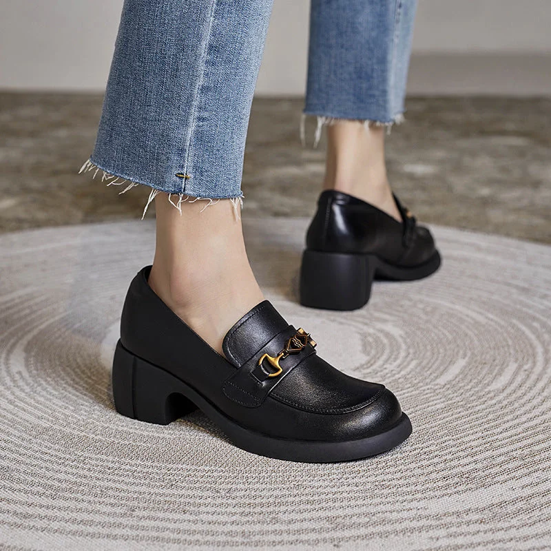 Women Retro Cowhide Chunky Sole Casual Loafers