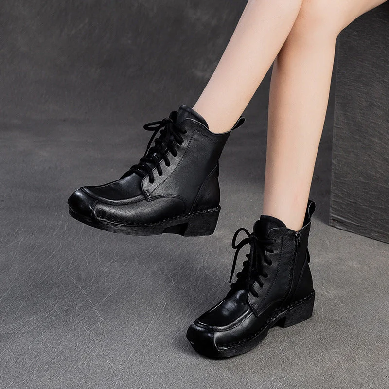 Women Retro Leather Squared Head Casual Ankle Boots