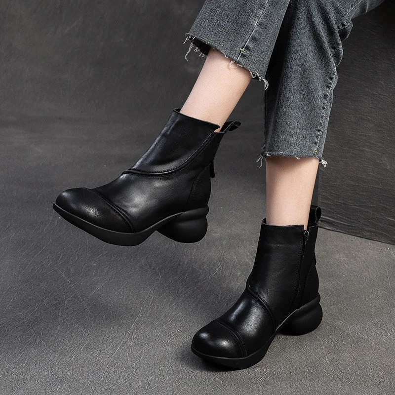 Women Vintage Solid Leather Low Block Ankle Boots