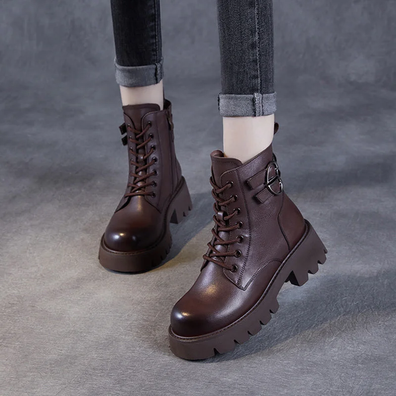 Women Vintage Solid Leather Low Block Buckle Boots