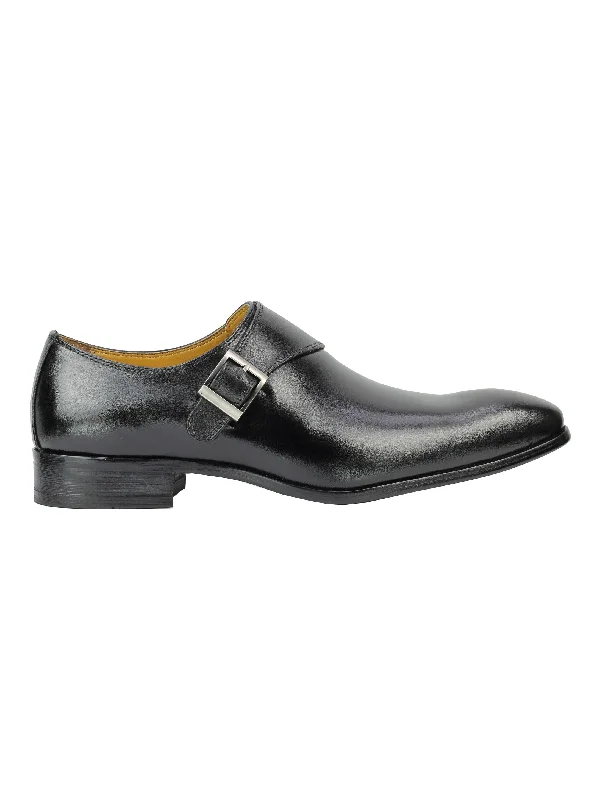 Real Leather Buckle Strap Slip Loafers Black