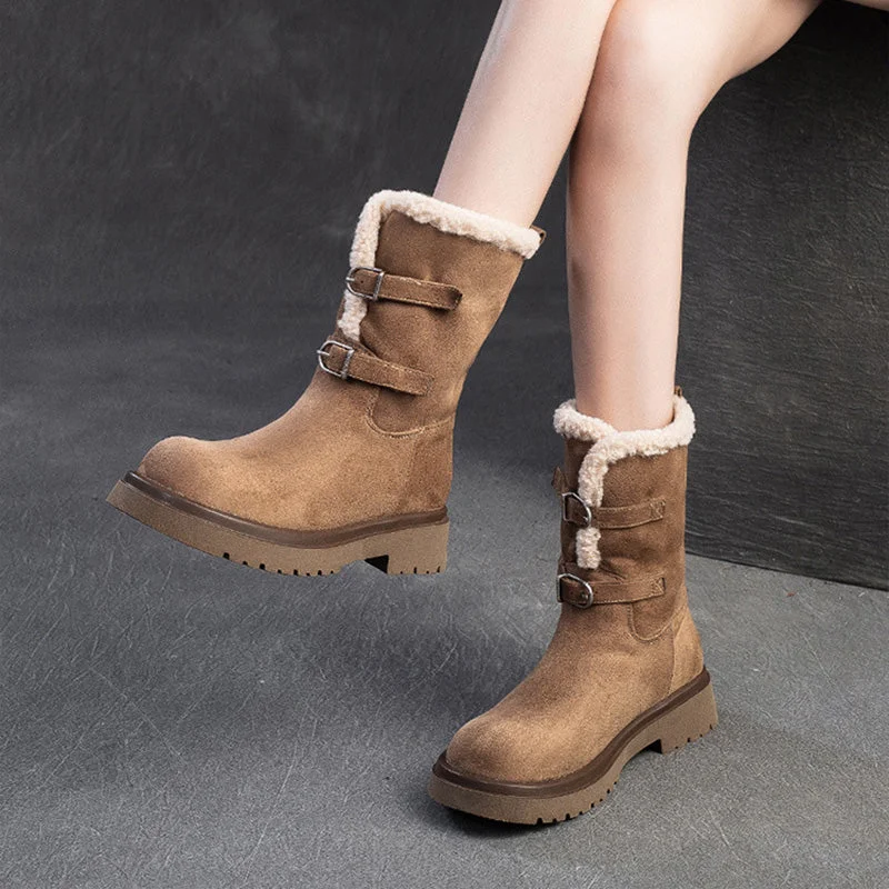 Women Vintage Solid Suede Mid-Calf Snow Boots