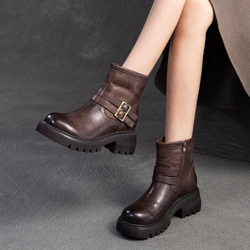 Women Vintage Leather Buckle Casual Platform Boots