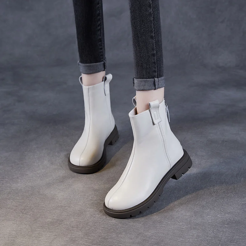 Women Minimalism Solid Leather Back Zipper Furred Ankle Boots