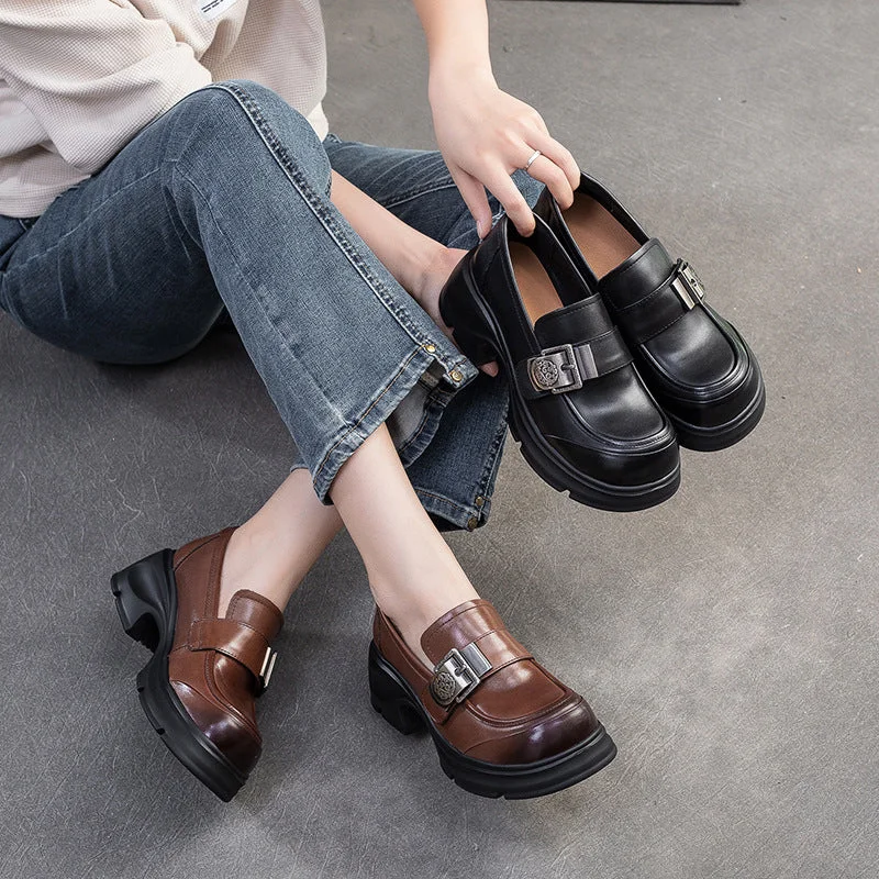 Women Retro Buckle Leather Chunky Heel Loafers