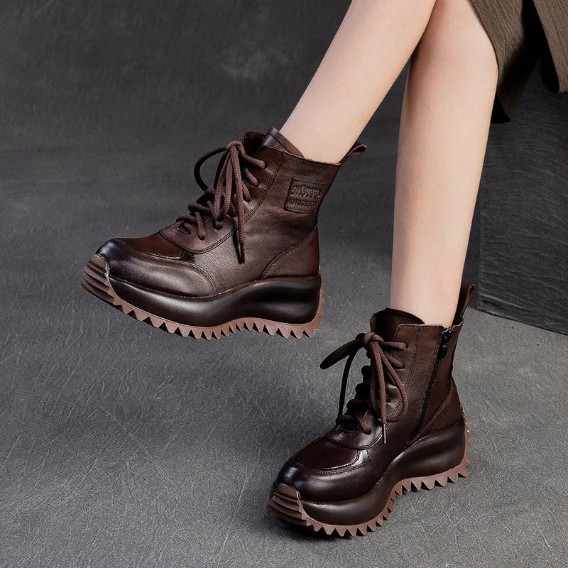 Women Vintage Solid Leather Lug Sole Ankle Boots