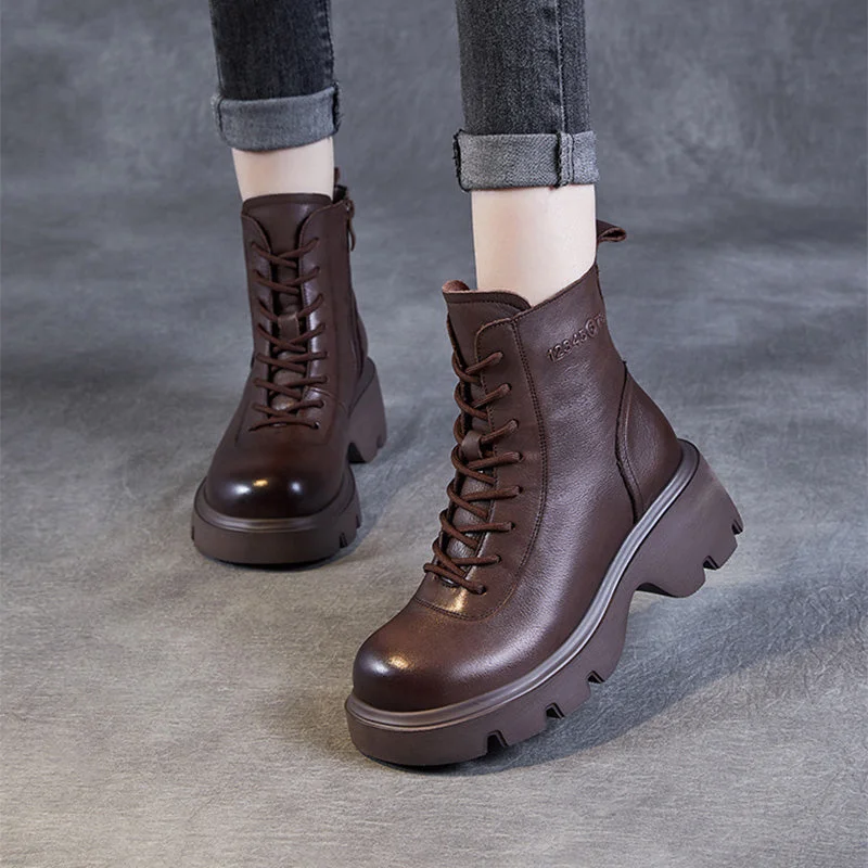 Women Vintage Solid Leather Thick Soled Boots