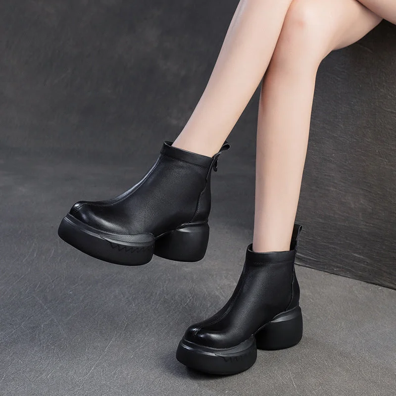 Women Retro Solid Leather Chunky Platform Ankle Boots