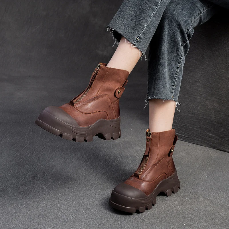 Women Retro Solid Leather Front Zipper Casual Ankle Boots