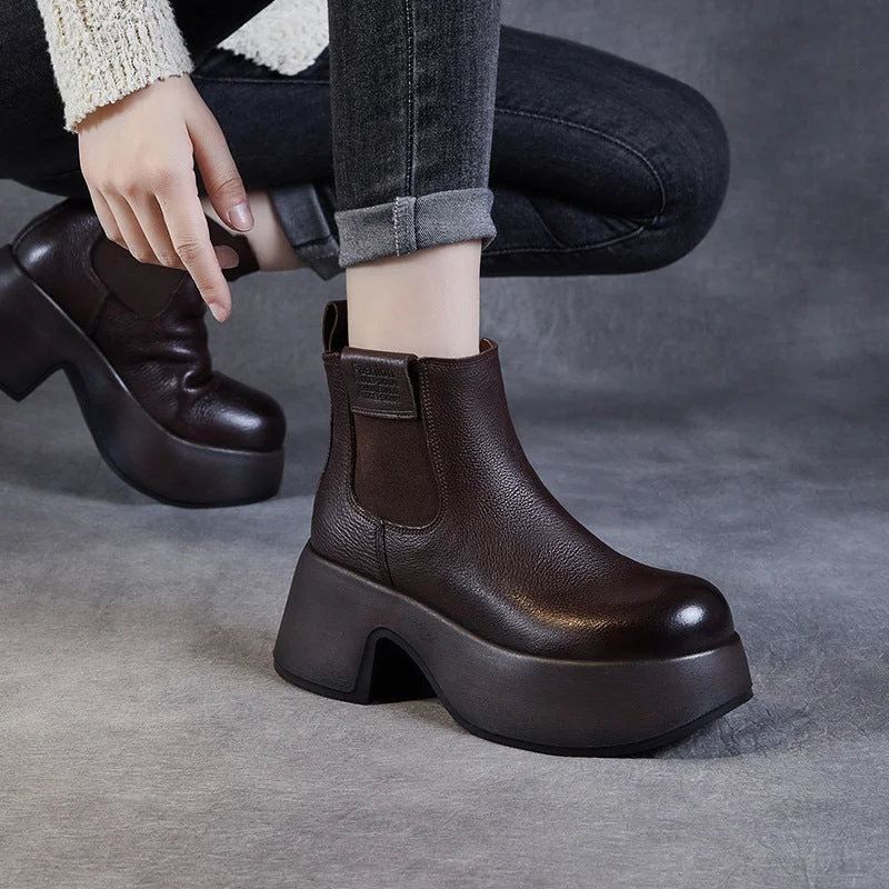 Women Vintage Solid Leather Minimalism Platform Boots