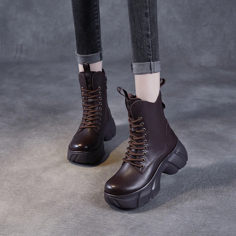 Women Retro Soft Leather Chunky Platform Boots