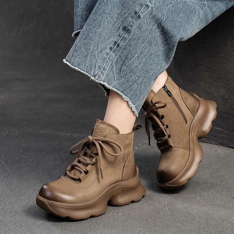 Women Minimalism Solid Leather Platform Ankle Boots