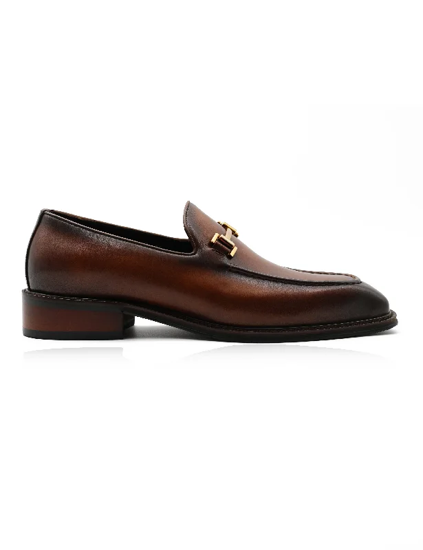 BROWN POLISHED LEATHER SNAFFLE BIT DRESS LOAFERS