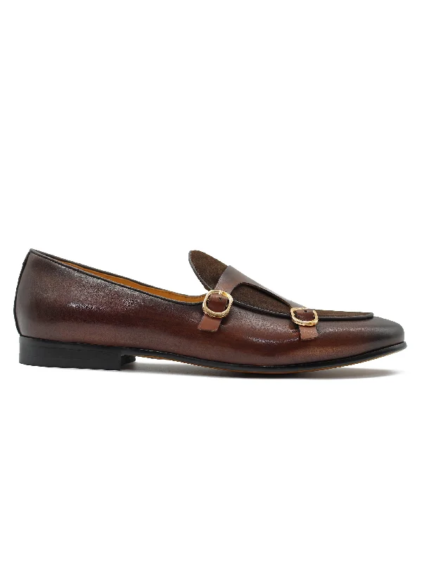 Real Leather Double Monk Strap Brown Loafers