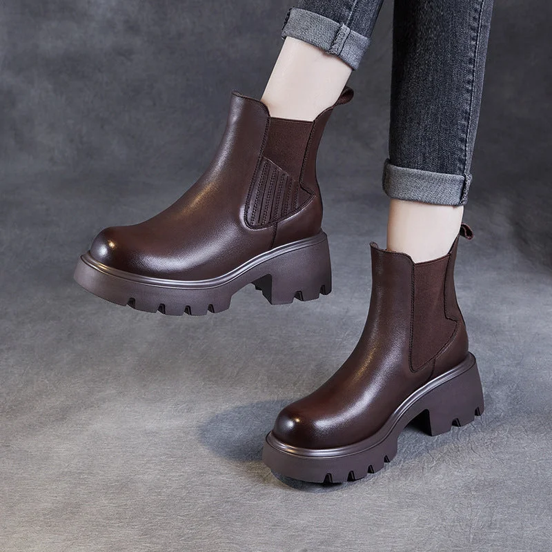 Women Vintage Solid Leather Platform Casual Boots