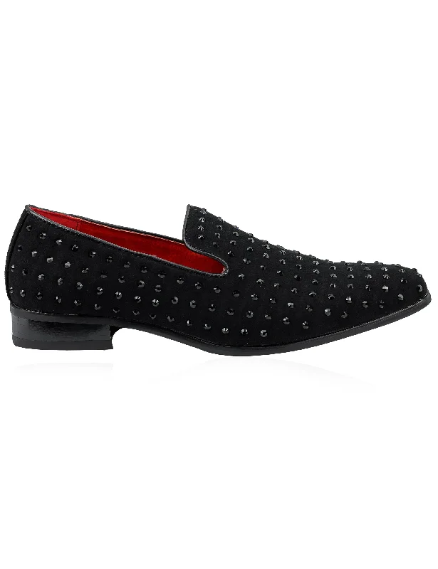 BLACK SUEDE LEATHER LINED GLITTER STUD LOAFERS