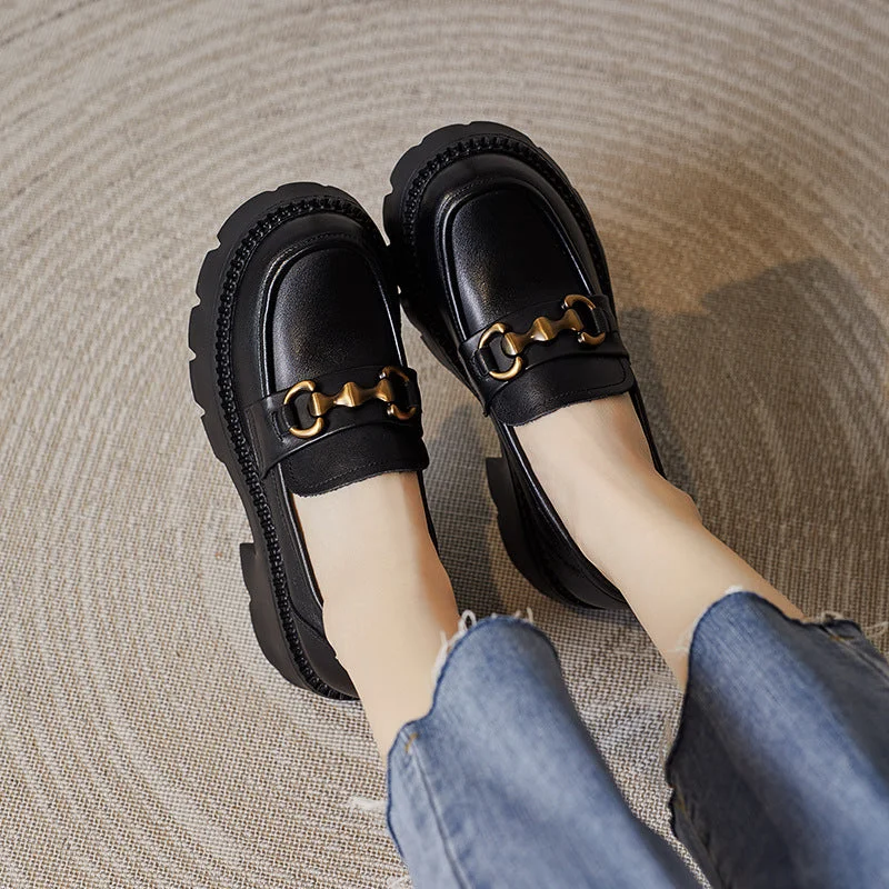 Women Retro Leather Chain Chunky Wedge Loafers