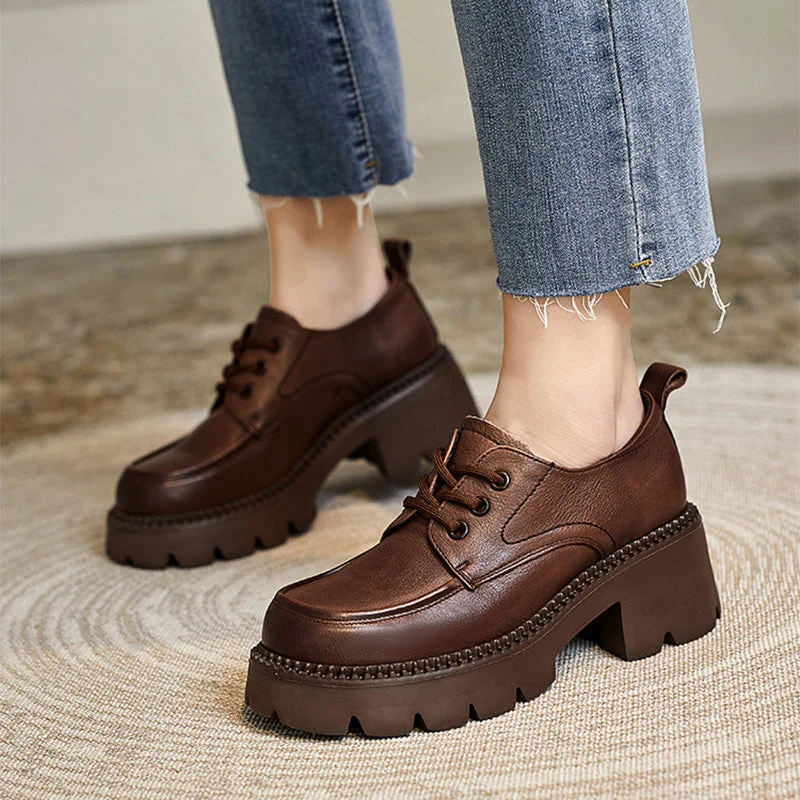 Women Retro Solid Leather Chunky Wedge Loafers