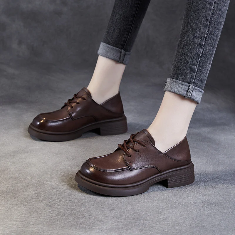 Women Retro Leather Lace-up Casual Loafers