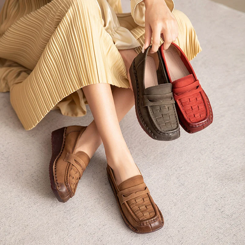 Women Solid Plaited Soft Leather Casual Loafers