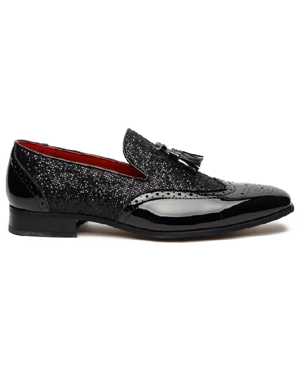 BLACK FAUX PATENT LEATHER SHINY GLITTER PARTY TASSEL LOAFER