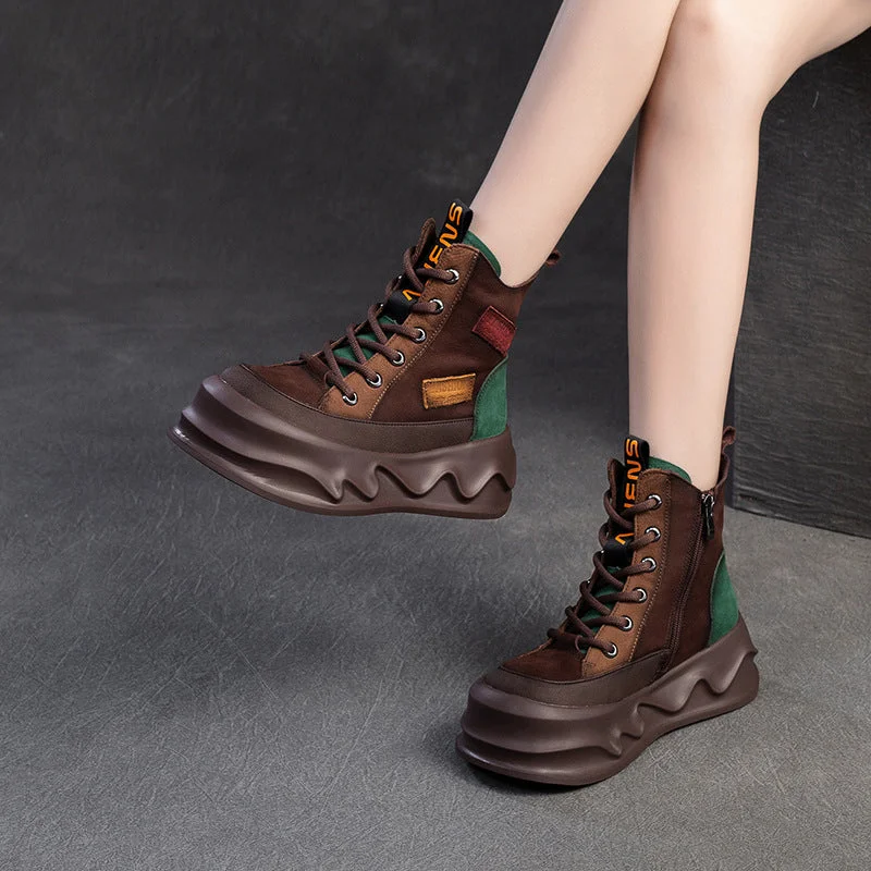 Women Retro Color Matching Leather Winter Platform Boots