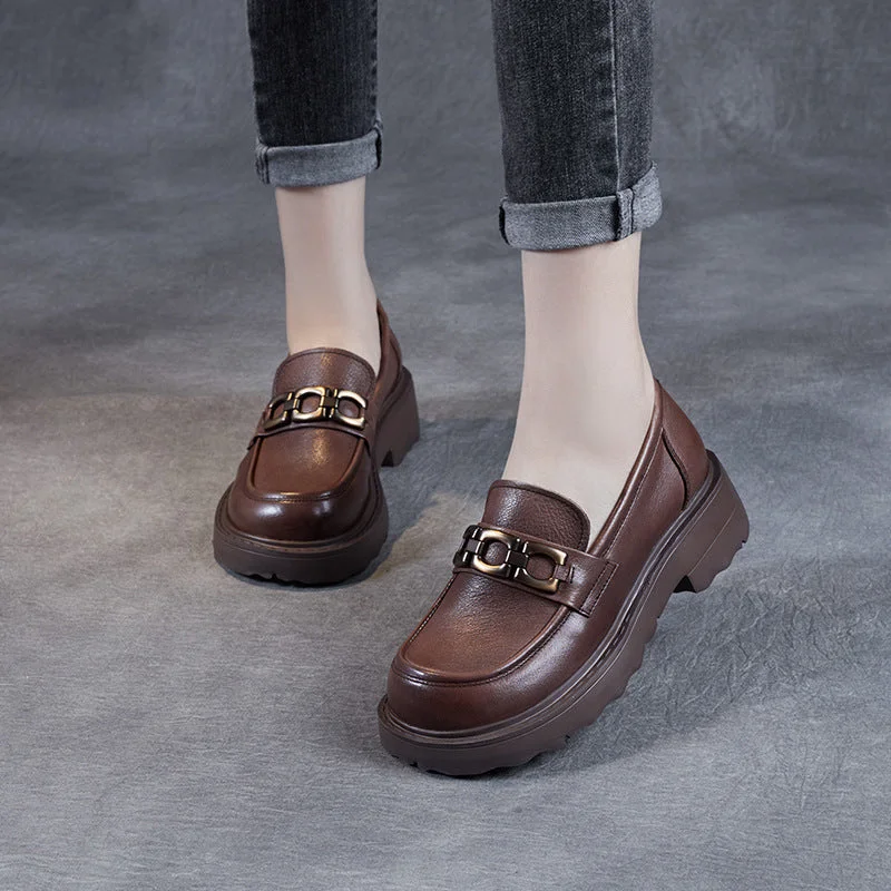 Women Retro Leather Chain Thick Soled Casual Loafers