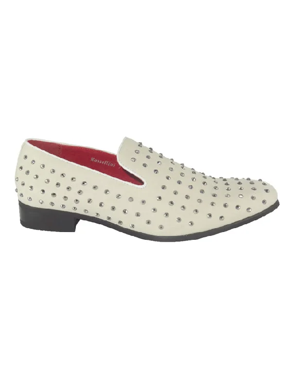 WHITE SUEDE LEATHER LINED GLITTER STUD LOAFERS