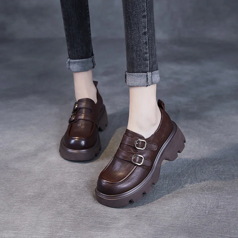 Women Retro Leather Buckle Thick Soled Loafers