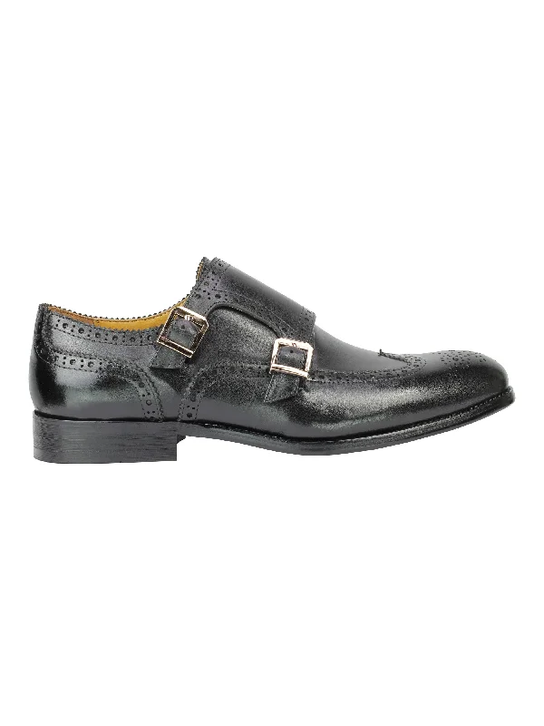 Real Leather Black Brogue Monk Shoes